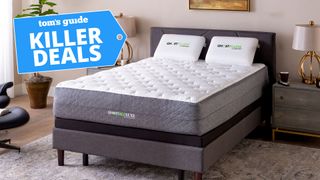 GhostBed Luxe mattress in a bedroom with 'killer deals' graphic overlaid