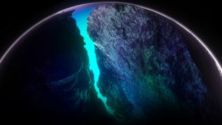 3D background with part of surreal alien planet earth with stone rock mountain structure inside with scratched damaged rough surface and big gap between cliffs with neon azure blue light inside.