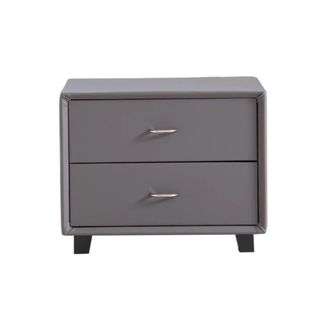 A grey nightstand with two drawers