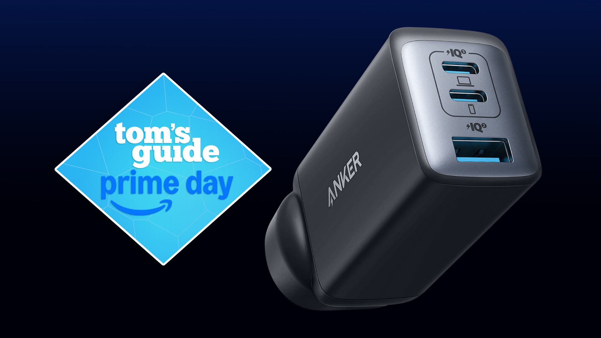 Deal image featuring Anker 735 Nano charger against blue background with Tom's Guide Prime Day deal badge overlaid