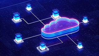 A CGI visualization of cloud computing, with an isometric view of a purple and blue cloud linked to seven glowing cube nodes, to represent devirtualization and revirtualization.