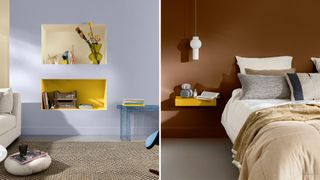 Two images of a pale blue living room with yellow painted recess shelving and a brown bedroom with a yellow painted floating side table