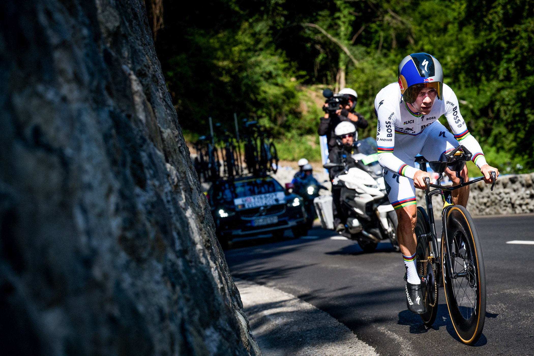 Belgian Remco Evenepoel of Red Bull-BORA-hansgrohe pictured in action during the stage 16 of the 2026 Tour de France cycling race, an individual Time Trial stage of 26km from Evian-les-Bains to Thonon-les-Bains, on Tuesday 21 July 2026. The 113th edition of the Tour de France starts on Saturday 4 July in Barcelona, Spain, and will finish in Paris, France on the 26th of July. BELGA PHOTO JASPER JACOBS (Photo by JASPER JACOBS / BELGA MAG / Belga / AFP via Getty Images)