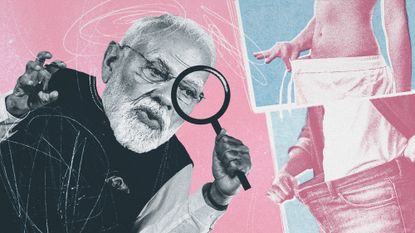 Photo collage of Narendra Modi holding a cartoon magnifying glass, angling to look into people's underwear.