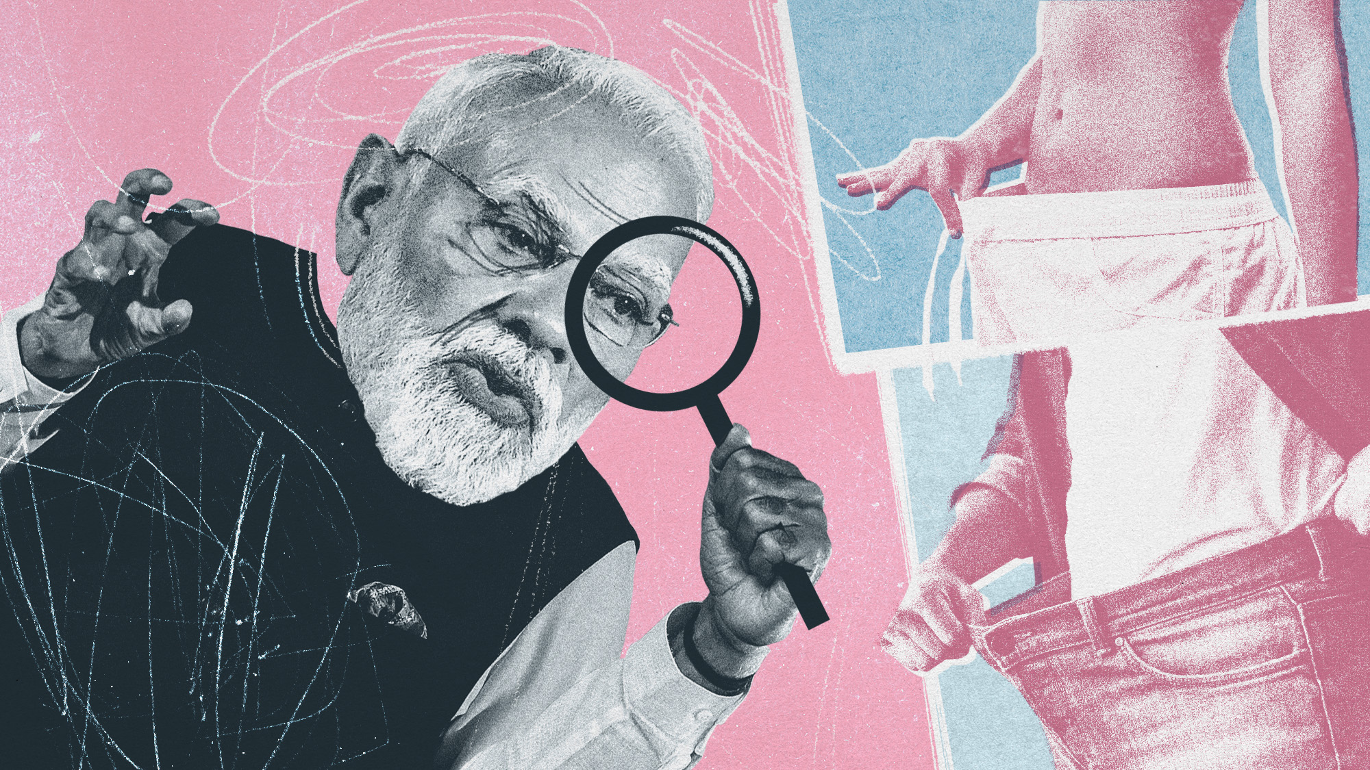 Photo collage of Narendra Modi holding a cartoon magnifying glass, angling to look into people's underwear.