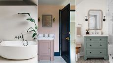 warm light gray bathroom, pink bathroom, white bathroom with sage green vanity