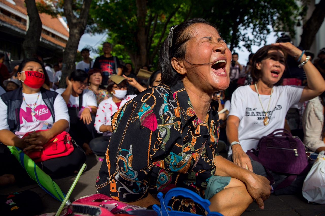 Protesters take part in an anti-coup anniversary demonstration in Bangkok in May