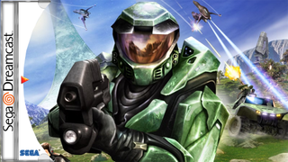 Halo: Combat Evolved artwork featuring Master Chief holding a pistol, alongside a SEGA Dreamcast game case design.