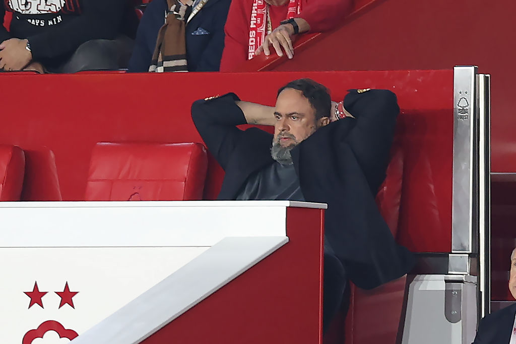 NOTTINGHAM, ENGLAND - OCTOBER 02: Evangelos Marinakis, owner of Nottingham Forest looks on during the UEFA Europa League 2025/26 League Phase MD2 match between Nottingham Forest FC and FC Midtjylland at City Ground on October 02, 2025 in Nottingham, England. (Photo by Michael Regan/Getty Images)