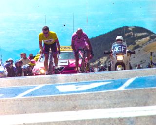 Lance Armstrong and Marco Pantani reach the top of Mont Ventoux on stage 12 of the 2000 Tour de France