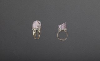 Pink marble rings with gold vines and circular cut diamonds