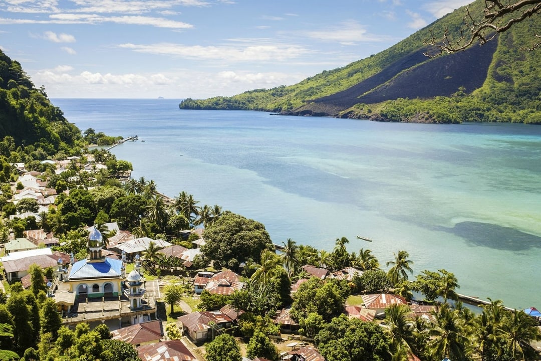 An aerial view of one of the Banda Islands in Indonesia on a sunny day