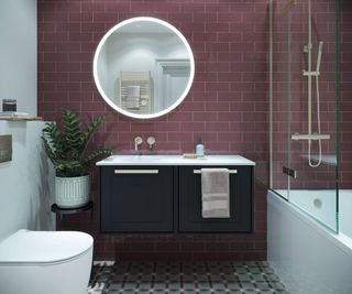 pink bathroom with single sink and worktop space