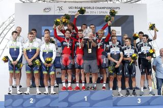 The top three places on the podium in the men's Worlds team time trial