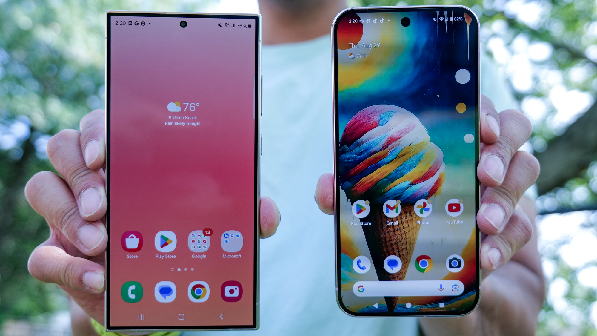 Pixel 9 Pro XL vs Galaxy S24 Ultra held in the hand.