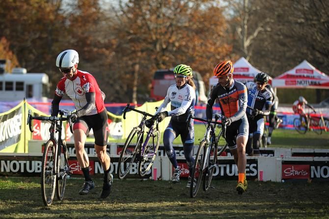 Canadian National Cyclocross Champion Mike Garrigan leading the second chase through the barriers