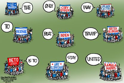 Political Cartoon U.S. Trump 2020 presidential election democrats Kirsten Gillibrand Cory Booker Elizabeth Warren Kamala Harris