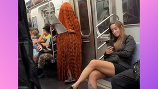 Red wig on NYC Subway