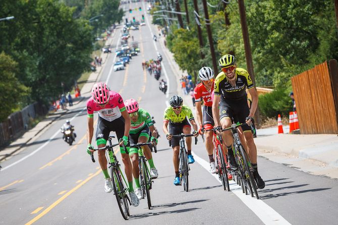 The peloton closes in on the break on stage 3 of the 2018 Colorado Classic