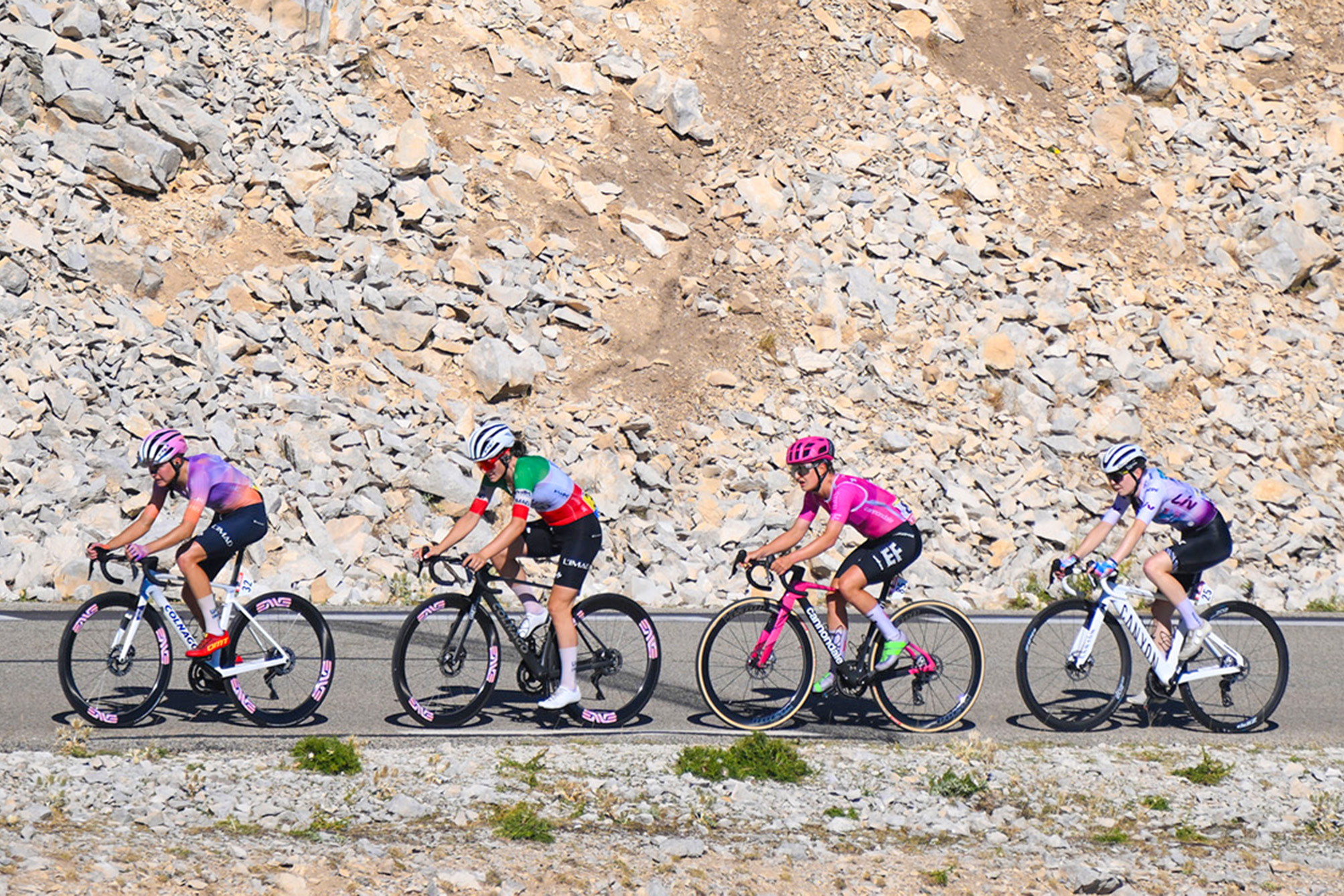 MONT VENTOUX, FRANCE - AUGUST 07: (L-R) Paula Blasi Cairol of Spain, Elisa Longo Borghini of Italy and UAE Team L'IMAD, Cedrine Kerbaol of France and Team EF Education - Oatly and Antonia Niedermaier of Germany and Team Canyon//SRAM Racing zondacrypto - White Best Young Rider Jersey compete in the chase group during the 5th Tour de France Femmes 2026, Stage 7 a 146.8km stage from La Voulte-sur-Rhone to Mont Ventoux 1901m / #UCIWWT / on August 07, 2026 in Mont Ventoux, France. (Photo by Alex Broadway/Getty Images)