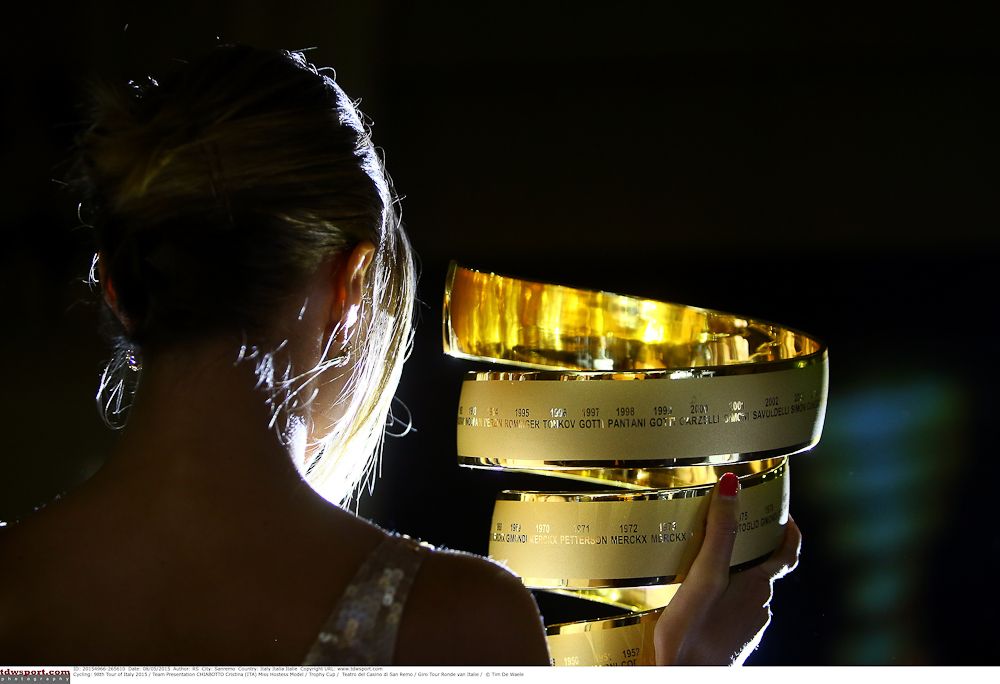 The Giro d'Italia trophy awaits the 2015 winner.