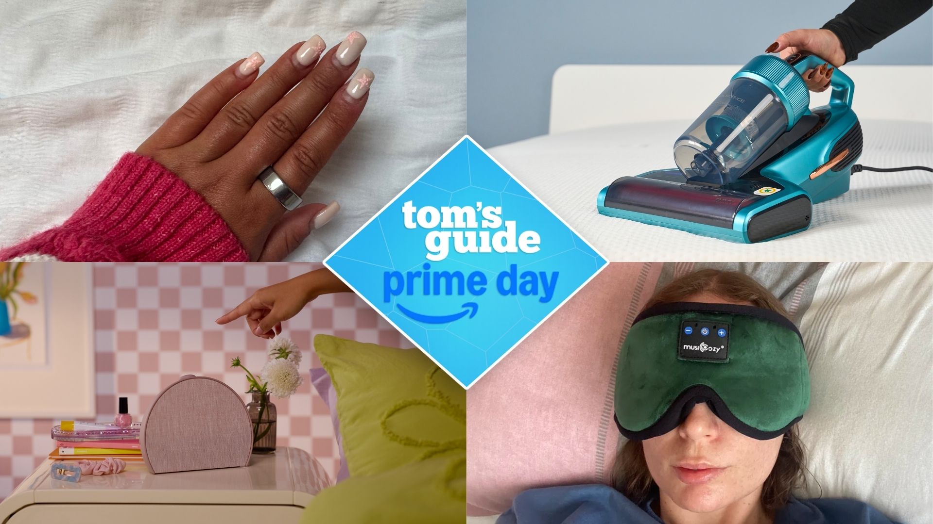 A collage of sleep tech; Woman's hand with pink nails wearing silver Oura Ring 4 on index finger (top left); blue Jimmy vacuum on mattress (top right); pink Hatch Restore 3 sunrise alarm clock on bedside table with pink check wall and green bedding (bottom left); a woman wearin green Musicozy speaker sleep mask (bottom right) with blue Tom's Guide Prime Day badge in middle