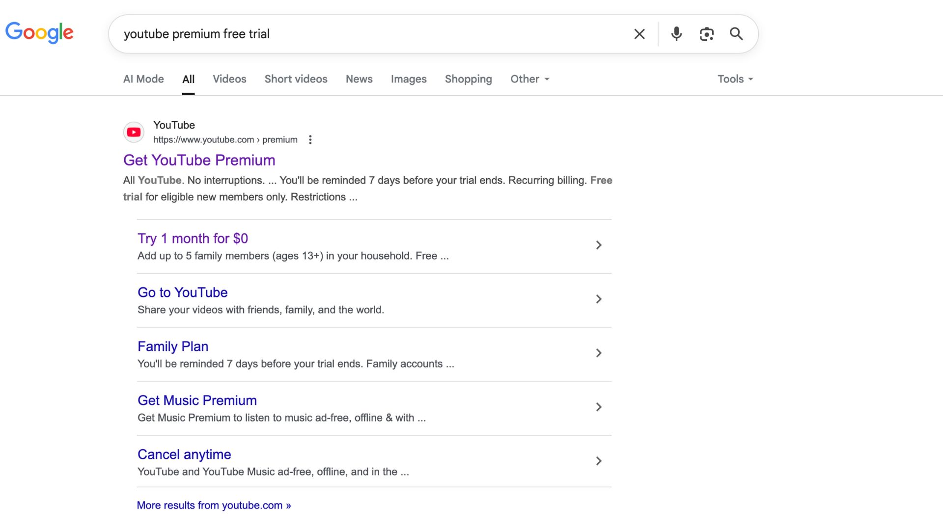 Google search results for YouTube Premium free trial