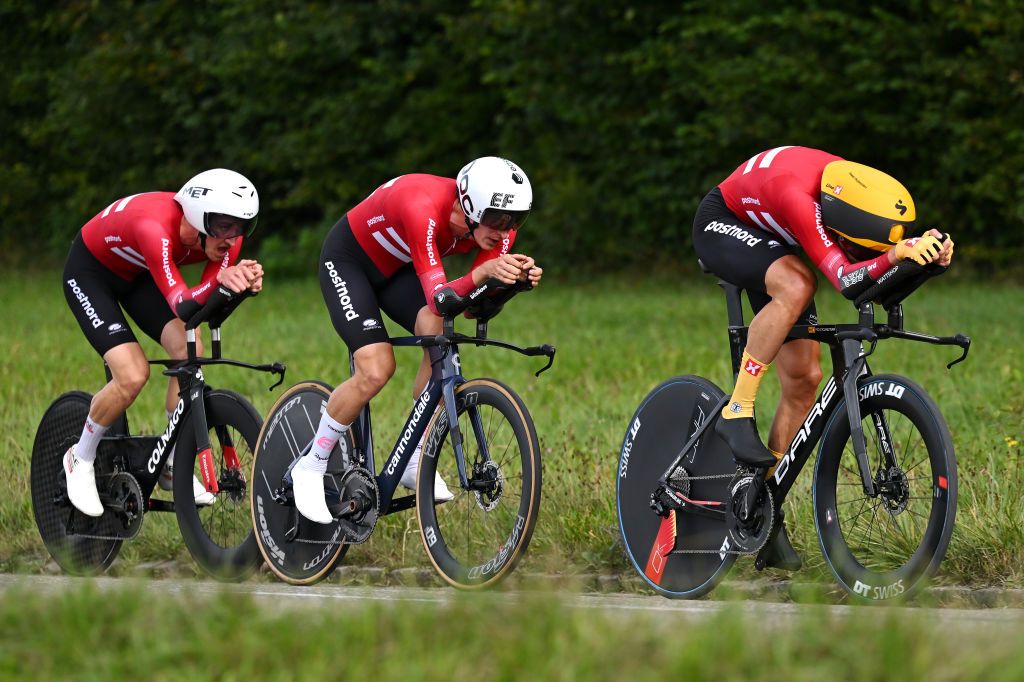 ZURICH SWITZERLAND SEPTEMBER 25 Mikkel Bjerg Mikkel Frolich Honore and Magnus Cort of Team Denmark sprint during the 97th UCI Cycling World Championships Zurich 2024 Mixed Relay Team Time Trial a 537km one day race from Zurich to Zurich on September 25 2024 in Zurich Switzerland Photo by Tim de WaeleGetty Images
