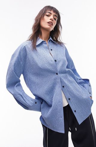 Oversize Check Textured Cotton Button-Up Shirt