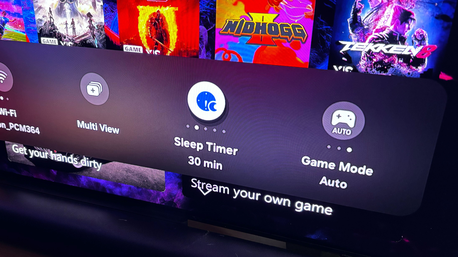 The quick settings menu on a Samsung smart TV with the Sleep Timer function selected