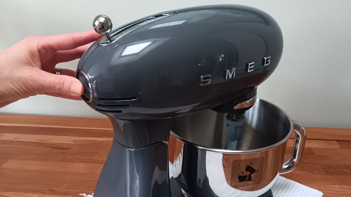 Reverse of Smeg stand mixer showing release button