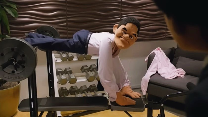A Reggie Fils-Aimé puppet from Nintendo&#039;s E3 2015 presentation.