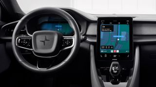 The Polestar 2's cockpit with CarPlay running