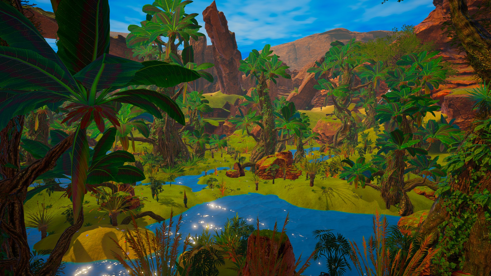 A lush, green jungle in The Planet Crafter.