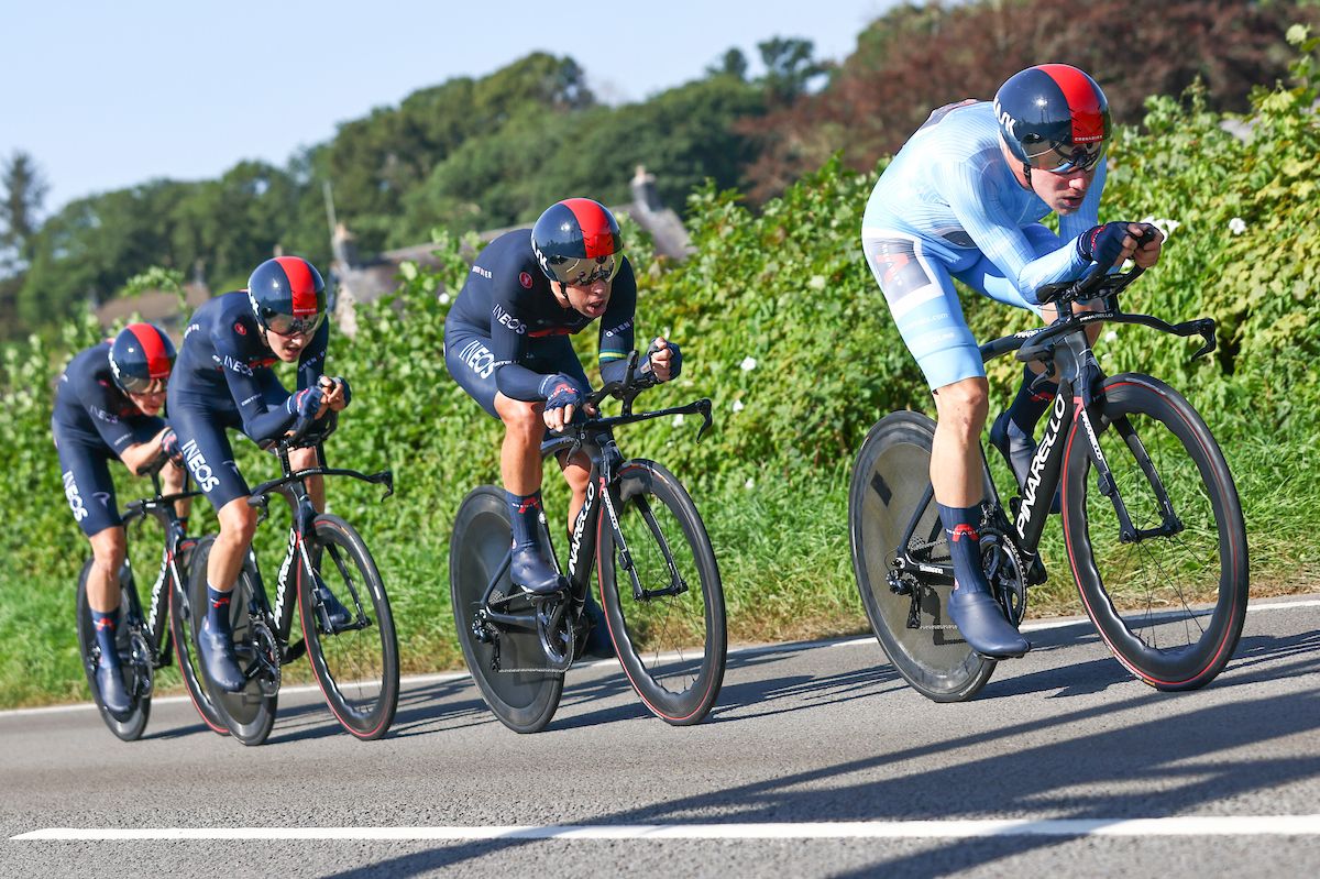 Picture by SWpix.com - 07/09/2021 - Cycling - AJ Bell Tour of Britain Stage 3 - Carmarthenshire Team Time Trial - Llandeilo to National Botanic Garden of Wales, Wales - INEOS Grenadiers out on the road during the team time trial.