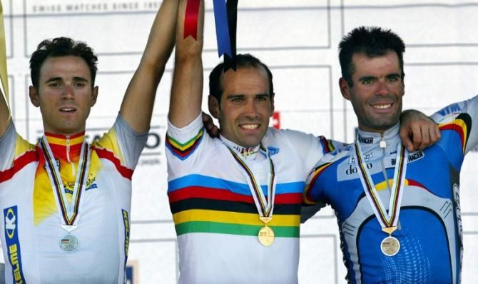 2003 Worlds: Elite men's podium (L-R) of Alejandro Valverde (Spain), Igor Astarloa (Spain) and Peter Van Petegem (Belgium)