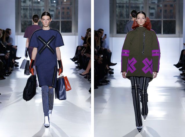 Split picture of models walking down catwalk at Balenciaga A/W 2014 