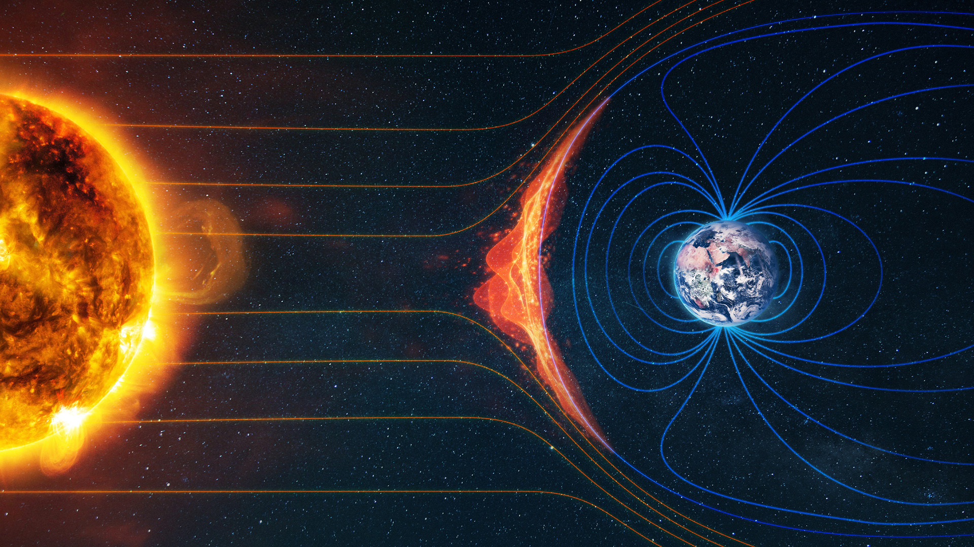 An illustration of the magnetic field lines around Earth, with the sun to the left of the image.