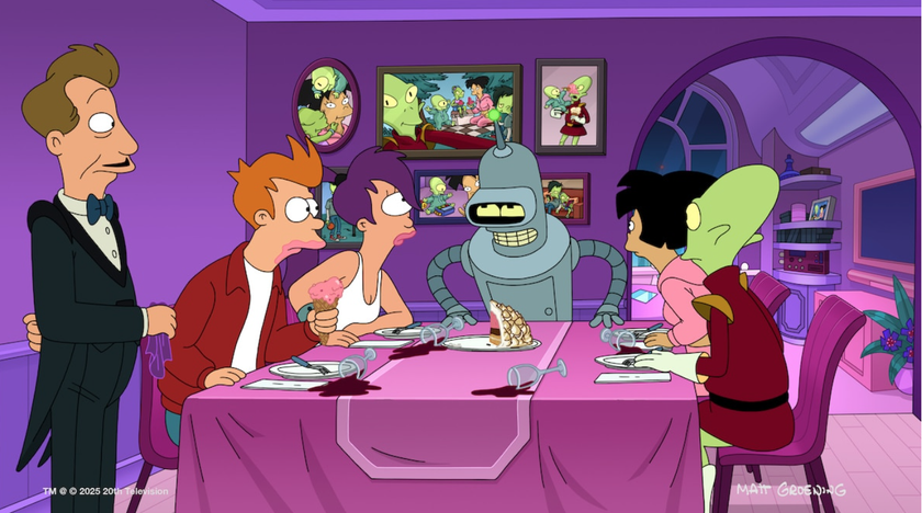 A cartoon robot, human, and aliens sitting around a dinner table