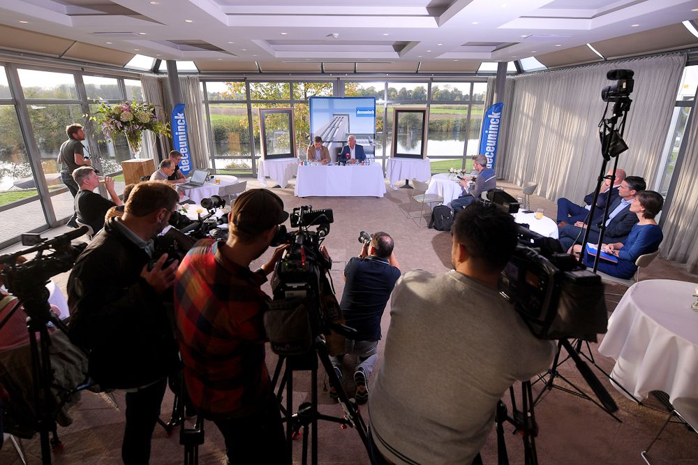 Press gather for the press conference where Patrick Lefevere announced his new multi-year deal with Deceuninck