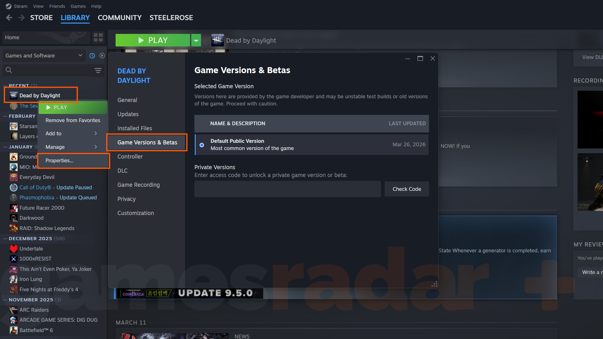 An image showing how to access the DBD PTB from the Steam Library