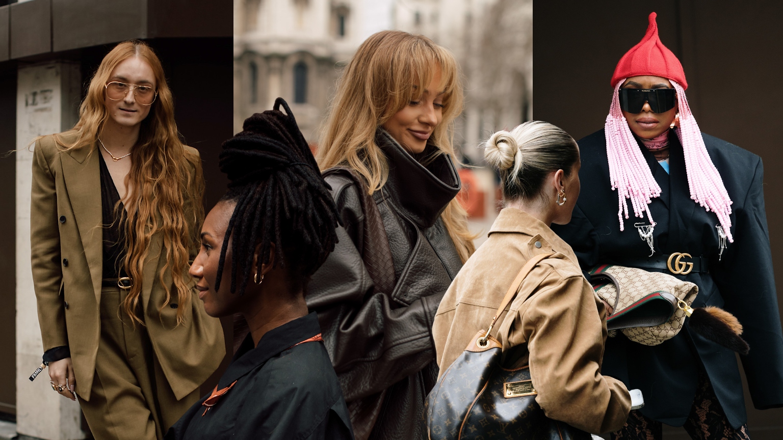 a collage of five women in London wearing stylish outfits with trendy hairstyles