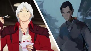 A man eating a sundae on the left and a samurai soldier on the right