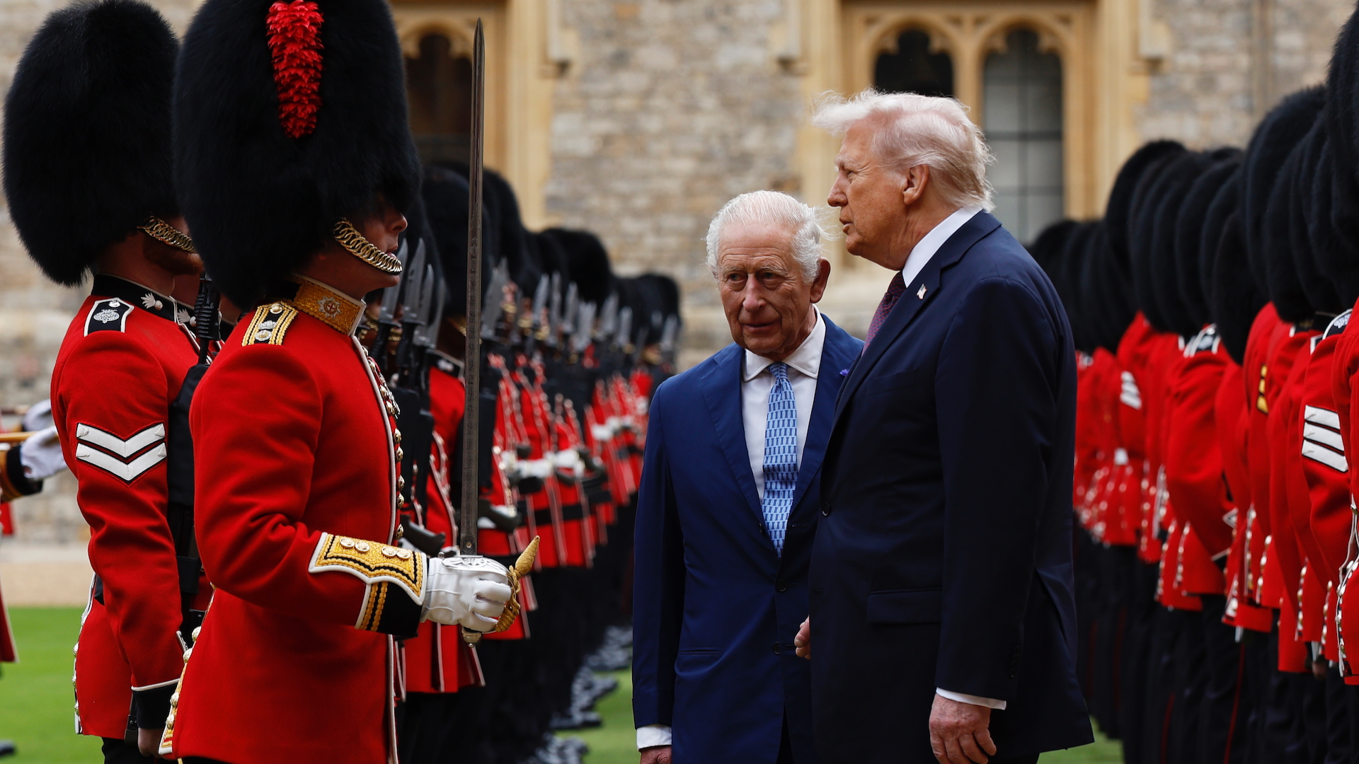 King Charles III and US President Donald Trump inspect the Guard of Honour during the State visit at Windsor Castle on 17 September 2025