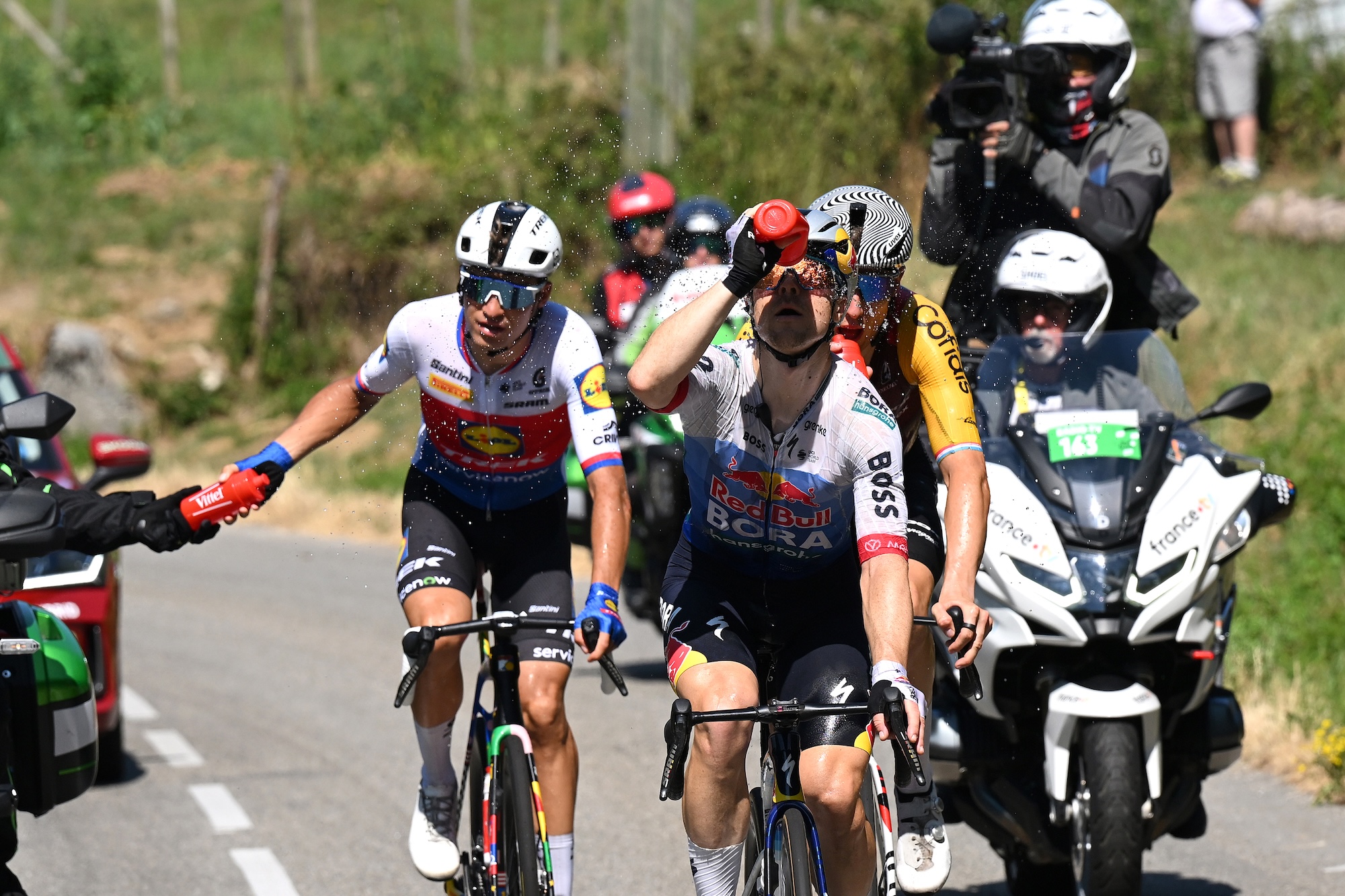 Breakaways Mathias Vacek, Jan Tratnik and Alex Kirsch during stage 4 of the 2026 Tour de France