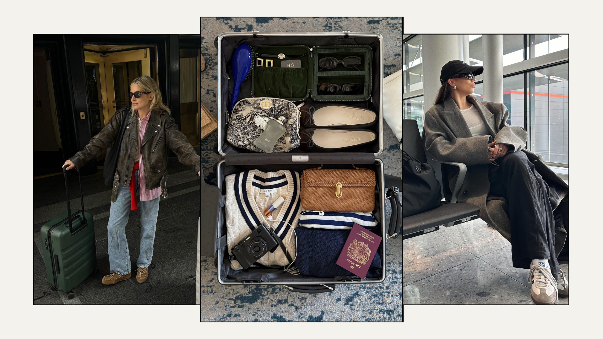 Three fashion people shoe their comfy travel outfits.