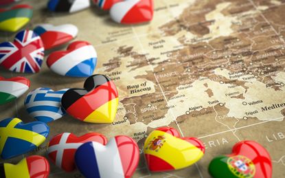 Map of Europe and hearts with flags of european countries. Travel EU concept. 3d