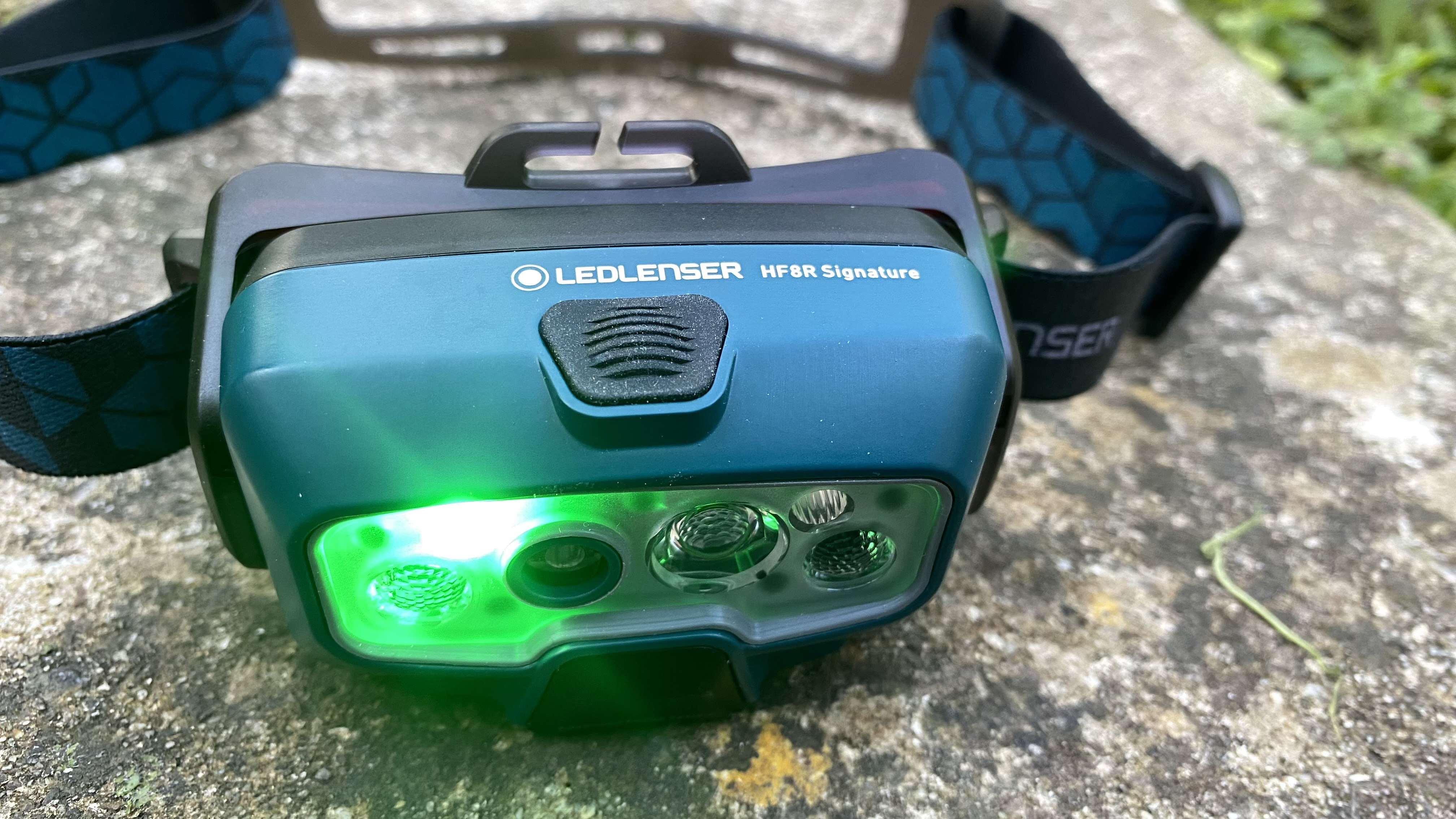 The LedLenser HF8R Signature with the green light activated