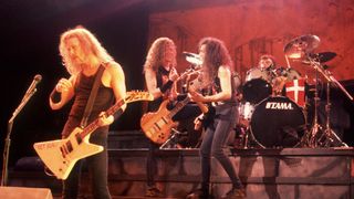 James Hetfield, Jason Newsted, Kirk Hammett and Lars Ulrich of Metallica on 8/6/89 in Chicago, Il