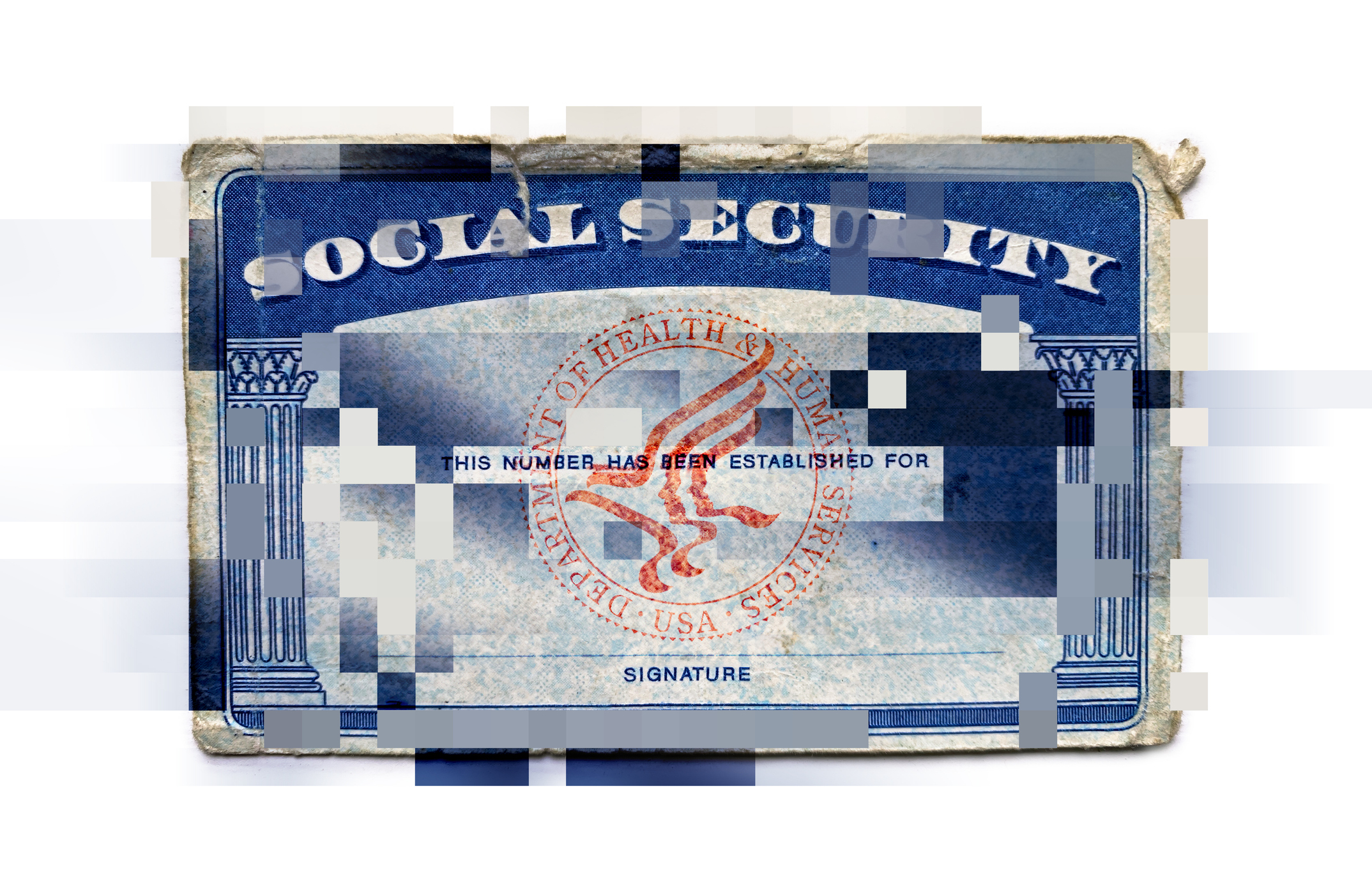 A Social Security card that appears to be tampered with by identity theives.